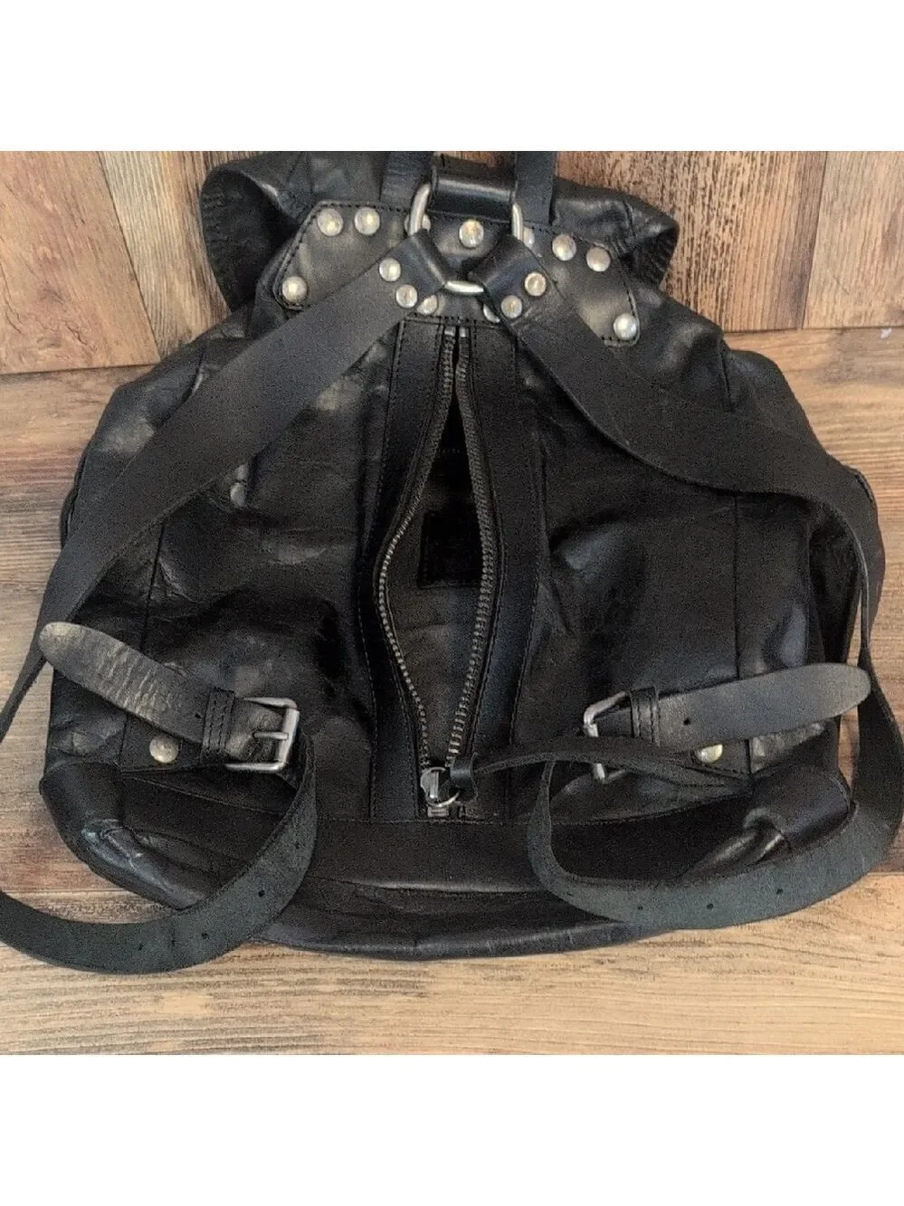 Frye Black Leather Buckled Zipper Back Vintage Rare Unisex Backpack       -C192